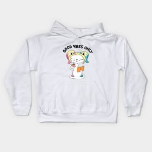 Cute Cat Enjoying Coffee and Reading Book Kids Hoodie